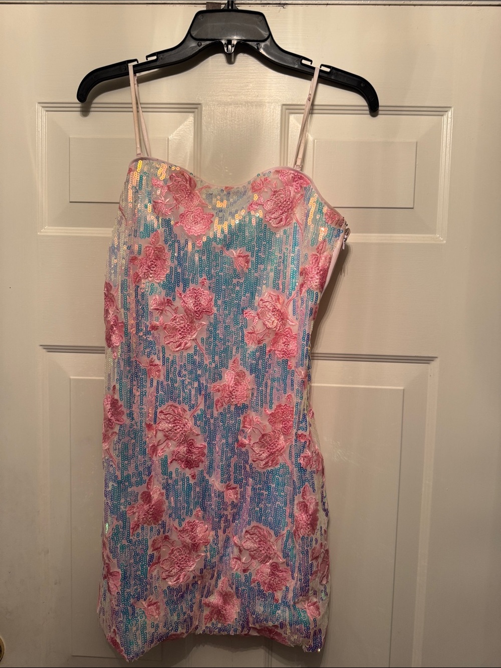 Francesca's Pink Floral Sequin Slip Dress with Blue Iridescence